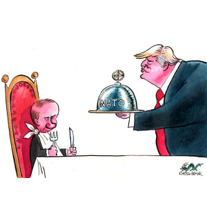 Постер на карикатура на Доналд Тръмп и Путин на Христо Комарницки с оригинален автограф